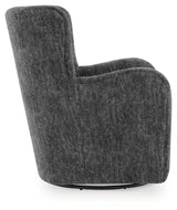 Ashley Furniture Rowenburg swivel glider accent chair with plush upholstery and wooden legs, shown from the side.