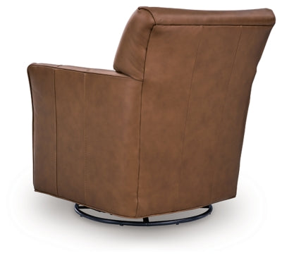 Ashley Furniture Braydunn swivel glider accent chair with plush upholstery and wooden legs, shown from the back.