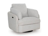 Ashley Furniture Alainmont Next-Gen Nuvella swivel power recliner accent chair, close-up of plush fabric and swivel base.