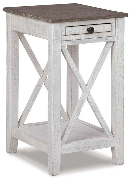 Ashley Furniture Adalane Accent Table with wooden finish, featuring a sleek round tabletop and modern design for living room decor.