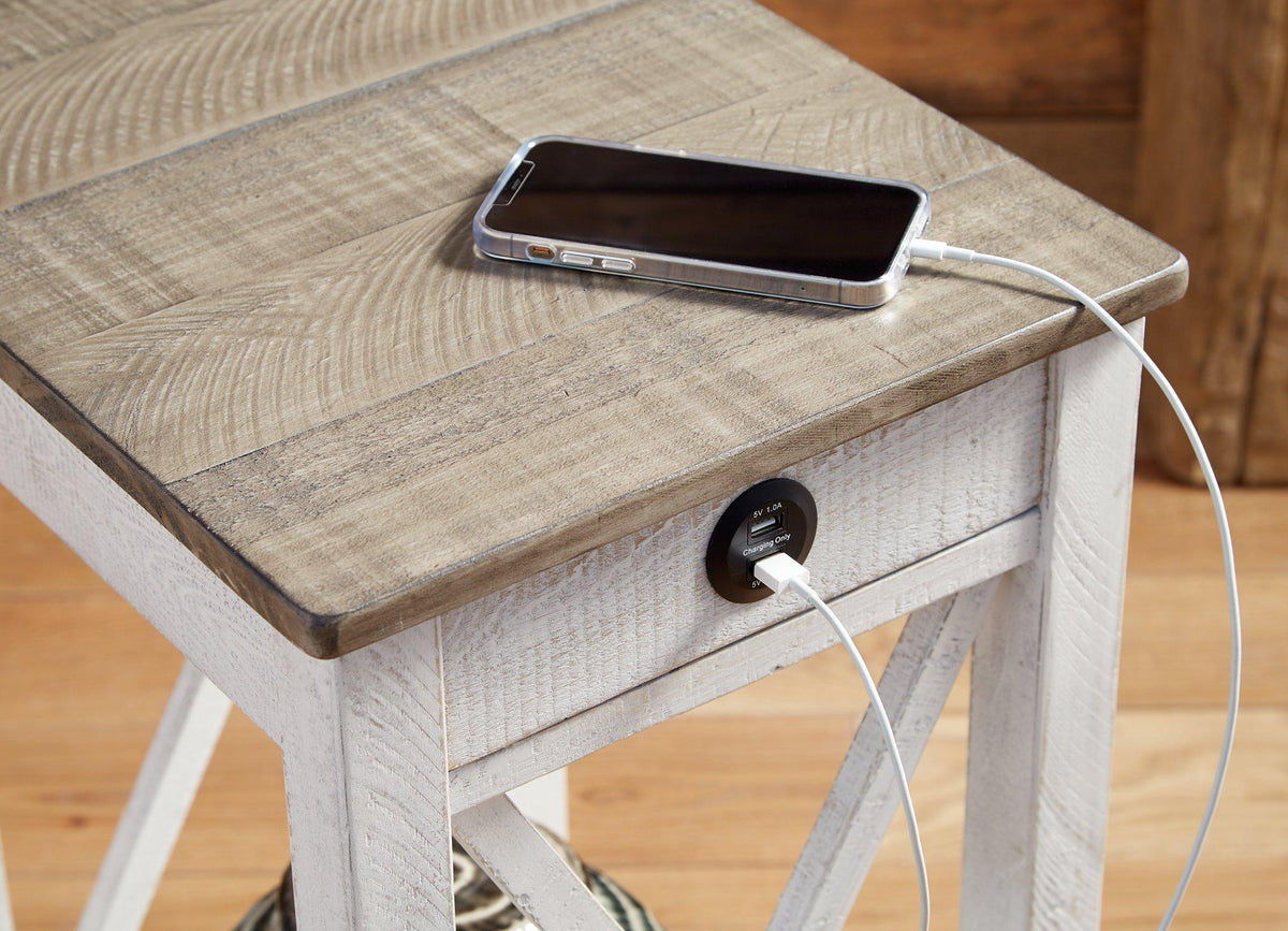 Ashley Furniture Adalane accent table with a sleek wooden top and metal legs, perfect for living room decor.