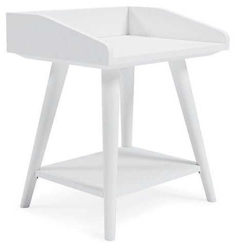 Ashley Furniture Blariden accent table with a wooden top and metal legs, ideal for living room or bedroom decor.