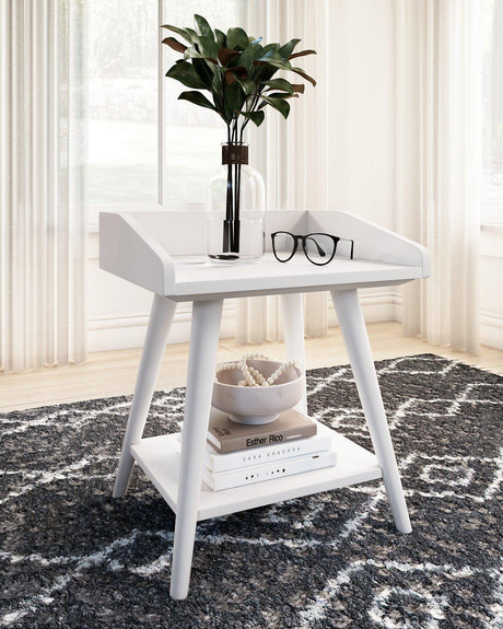 Ashley Furniture Blariden accent table with a sleek wooden top and metal legs, perfect for living room decoration.