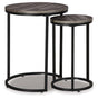 Set of two Ashley Furniture Briarsboro accent tables with wooden tops and black metal legs, perfect for living room decor.