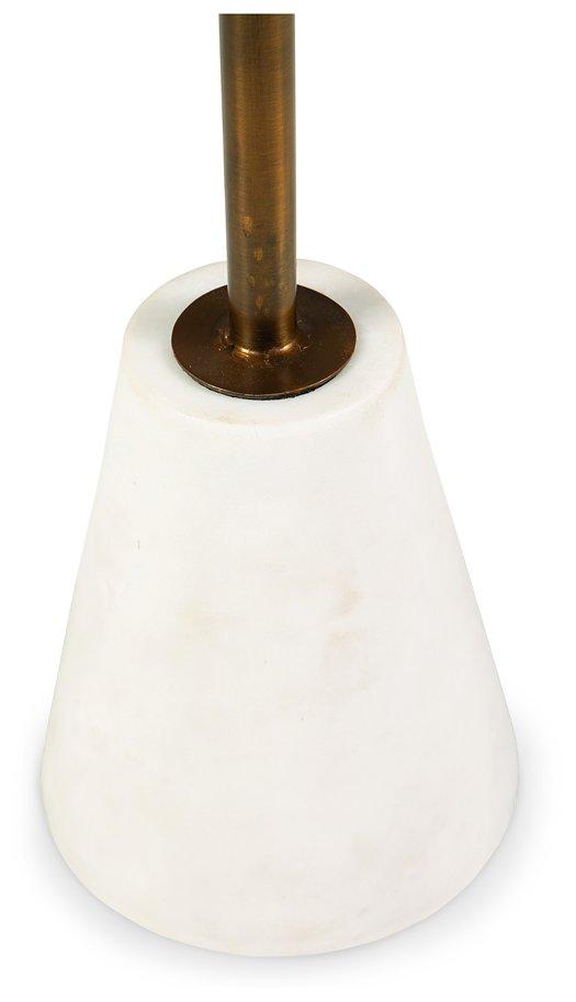 Ashley Furniture Caramont Accent Table with a wooden top and metal legs, perfect for living room decor.