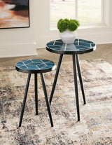 Set of two Ashley Furniture Clairbelle accent tables with wooden tops and tapered legs, ideal for living room decor.