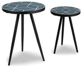 Set of two Ashley Furniture Clairbelle Accent Tables with wooden tops and metal legs, ideal for living room decor.