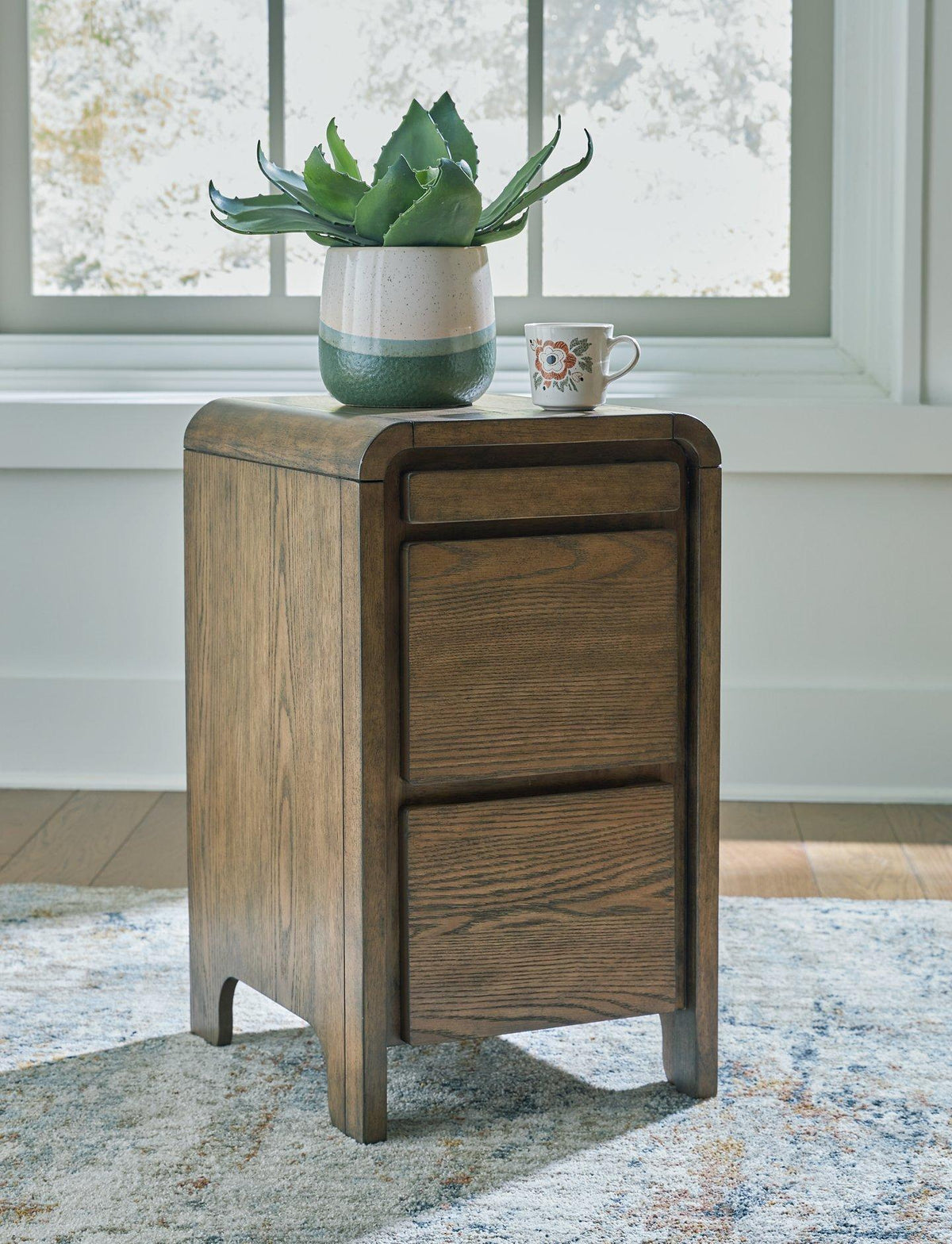 Ashley Furniture Jensworth Accent Table with wooden top and metal legs, modern design for living room decor.
