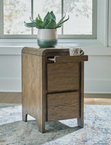 Ashley Furniture Jensworth accent table with wooden top and metal legs, ideal for living room or bedroom decor.