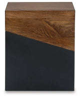 Ashley Furniture Trailbend accent table with a wooden top and metal legs, ideal for living room or bedroom decor.