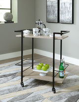 Ashley Furniture Waylowe Bar Cart with metal frame and wooden shelves, perfect for serving and display in living spaces.