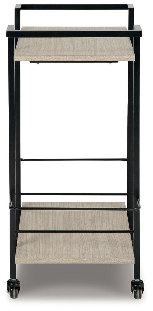 Ashley Furniture Waylowe Bar Cart with metal frame and wooden shelves, featuring wheels for mobility and stylish design.