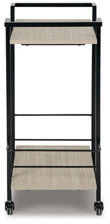 Ashley Furniture Waylowe Bar Cart with metal frame and wooden shelves, featuring wheels for mobility and stylish design.