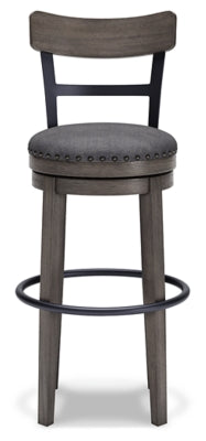 Ashley Furniture Caitbrook bar height bar stool with wooden frame and cushioned seat, shown from a front head-on view.