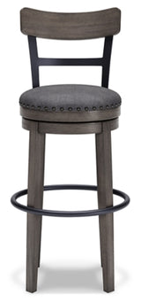 Ashley Furniture Caitbrook bar height bar stool with wooden frame and cushioned seat, shown from a front head-on view.