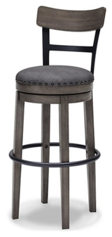 Ashley Furniture Caitbrook bar height barstool with wooden legs and cushioned seat, shown from an angled view