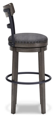 Ashley Furniture Caitbrook bar height bar stool with wooden legs and upholstered seat, shown from a side view.