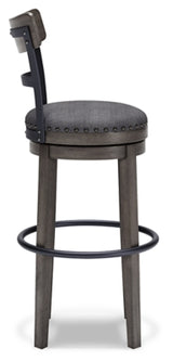 Ashley Furniture Caitbrook bar height bar stool with wooden legs and upholstered seat, shown from a side view.