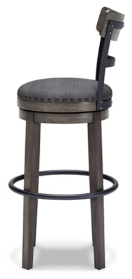 Ashley Furniture Caitbrook bar height bar stool shown from the side with wooden legs and a cushioned seat, ideal for kitchen or bar areas.