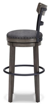 Ashley Furniture Caitbrook bar height bar stool shown from the side with wooden legs and a cushioned seat, ideal for kitchen or bar areas.