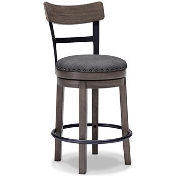 Ashley Furniture Caitbrook counter height bar stool with wooden frame and upholstered seat, shown from a side angle.
