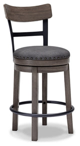 Ashley Furniture Caitbrook counter height bar stool with wooden legs and cushioned seat, shown from an angled view.