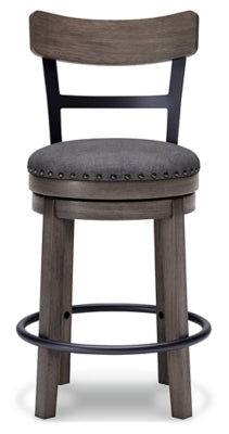 Ashley Furniture Caitbrook counter height bar stool with wooden legs and cushioned seat, shown from a front head-on view.
