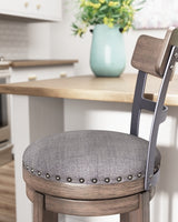 Ashley Furniture Caitbrook counter height bar stool with wooden legs and cushioned seat, detailed close-up image.