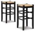 Ashley Furniture Mirimyn bar height barstool with wooden seat and metal frame, shown in a modern kitchen setting