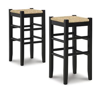 Ashley Furniture Mirimyn bar height bar stool with wooden legs and upholstered seat, shown from a side angle.