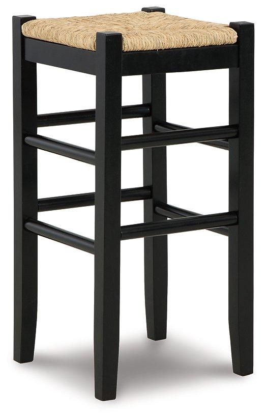 Ashley Furniture Mirimyn bar height bar stool with wooden legs and cushioned seat, ideal for kitchen or bar area.