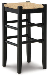 Ashley Furniture Mirimyn bar height bar stool with wooden legs and cushioned seat, ideal for kitchen or bar area.