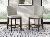 Ashley Furniture Neymorton counter height barstool with wooden legs and upholstered seat, shown from a front angle.