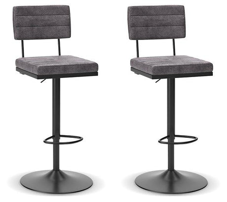 Ashley Furniture Strumford bar height barstool with wooden legs and upholstered seat, designed for modern bar or kitchen counter seating.