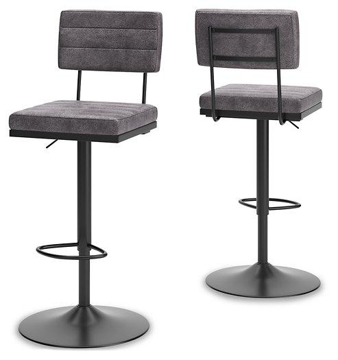 Ashley Furniture Strumford bar height bar stool with wooden legs and upholstered seat, ideal for kitchen or bar area.