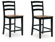 Ashley Furniture Wildenauer counter height barstool with wooden legs and a cushioned seat, shown from an angled side view.