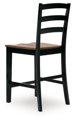 Ashley Furniture Wildenauer counter height barstool with wooden backrest and cushioned seat, ideal for kitchen or bar area.