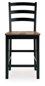 Wildenauer Ashley Furniture counter height barstool with wooden legs and cushioned seat, shown from a front head-on view.
