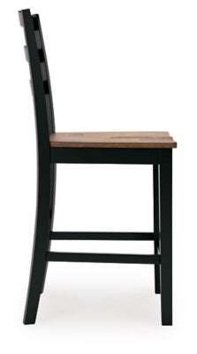 Side view of a Wildenauer counter height barstool by Ashley Furniture with a wooden seat and metal frame.