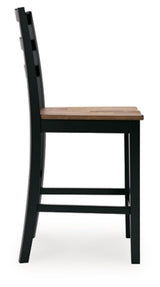 Side view of a Wildenauer counter height barstool by Ashley Furniture with a wooden seat and metal frame.