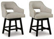 Ashley Furniture tall counter height bar stool with wooden legs and upholstered seat, designed for modern kitchen or bar area.