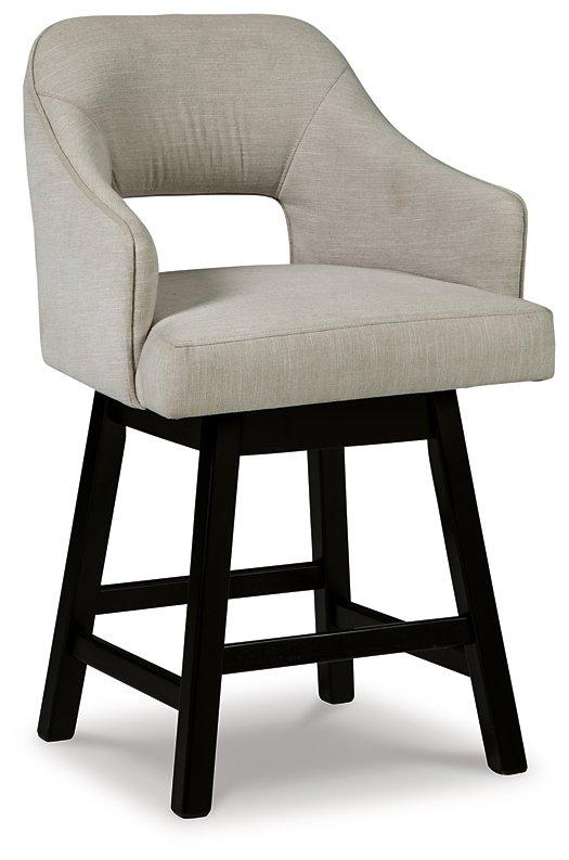 Counter height bar stool from Ashley Furniture with a tall, modern design and wooden legs, ideal for kitchen or bar area.