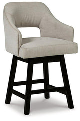 Counter height bar stool from Ashley Furniture with a tall, modern design and wooden legs, ideal for kitchen or bar area.