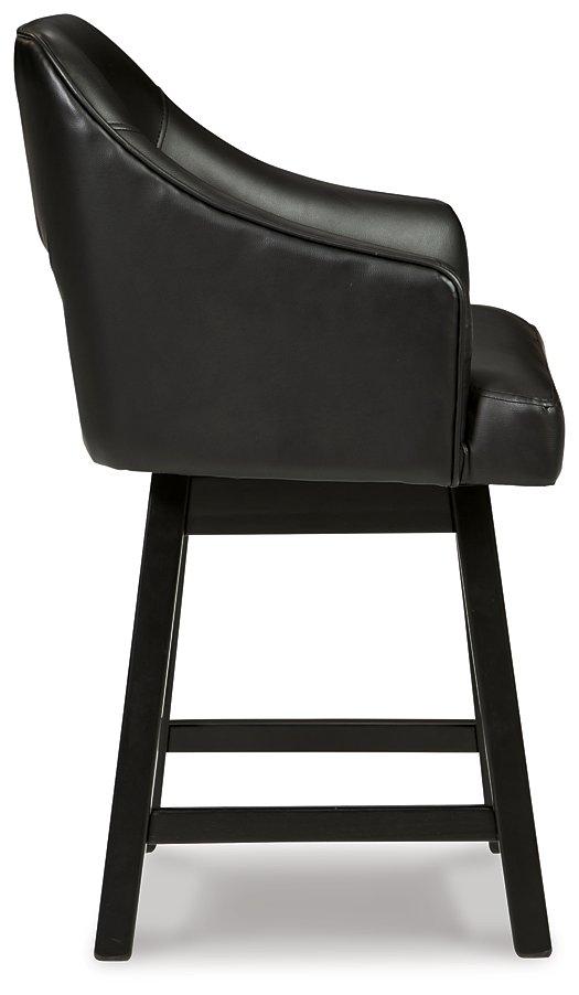 Ashley Furniture tall counter height bar stool with wooden legs and a upholstered seat, ideal for kitchen or bar areas.