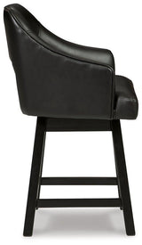Ashley Furniture tall counter height bar stool with wooden legs and a upholstered seat, ideal for kitchen or bar areas.