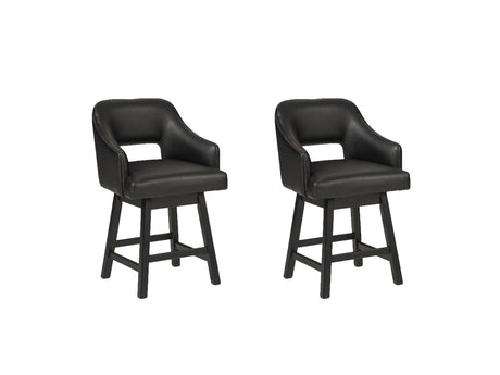 Set of Ashley Furniture Tallenger barstools with wooden seats and metal legs, ideal for kitchen or bar area.