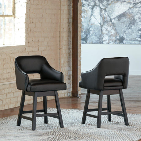 Set of Ashley Furniture Tallenger barstools with wooden seats and metal frames, shown in a modern kitchen setting.