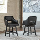 Set of Ashley Furniture Tallenger barstools with wooden legs and cushioned seats, ideal for a modern kitchen or bar area.