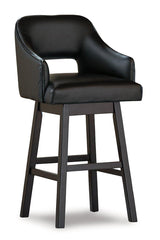Set of Ashley Furniture Tallenger barstools with wooden legs and cushioned seats, ideal for kitchen or bar area.
