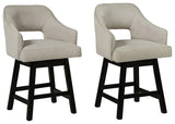 Set of Ashley Furniture Tallenger barstools with wooden legs and upholstered seats, ideal for kitchen or bar area.